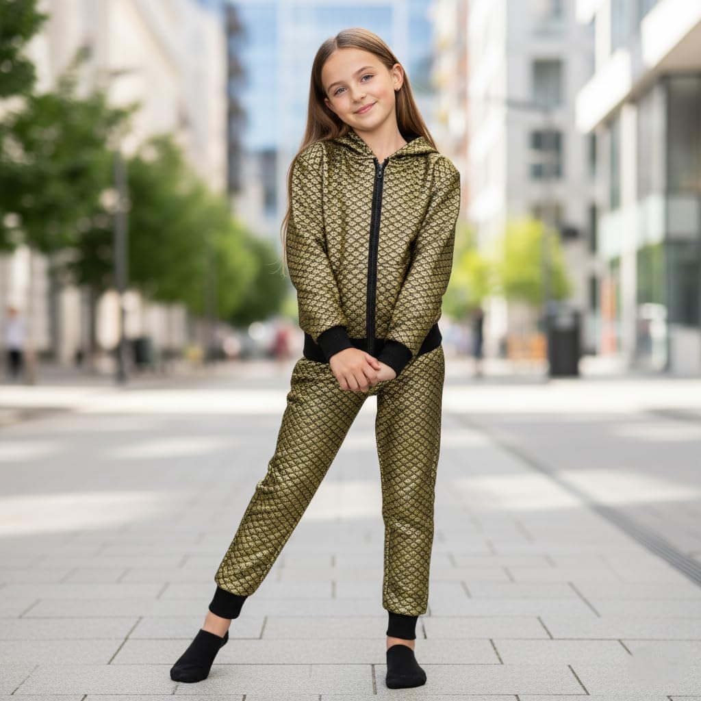 Kids Girls Tracksuit Shiny Quilted Hooded Top Bottom Jogging Suit Jogger 7-13 Yr