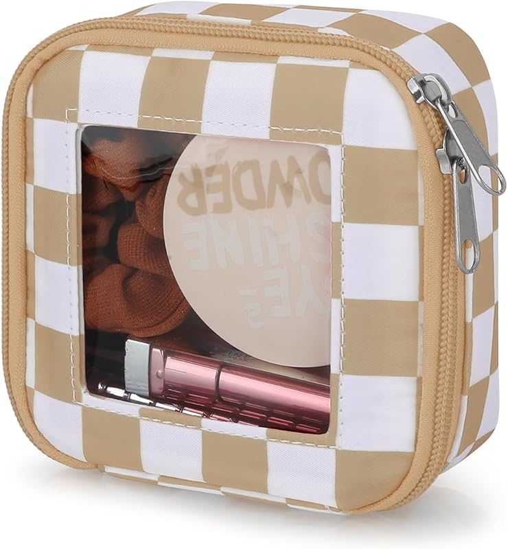 Necessaire Mini DOB SECHS Xadrez com Janela Transparente e Zíper, Khaki, 14 x 5 x 14 cm, 1 unidade