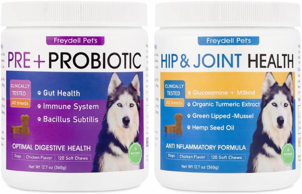 Freydell Pets Dog Probiotics + Hip & Joint Support Bundle – Pre + Probiotics for Digestive & Gut Health with Glucosamine Joint Support Soft Chews – Mobility, Cartilage, Immune Support & Overall Dog We