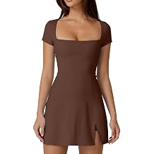 Womens Square Neck Tennis Dress Short Sleeve Built in Shorts Golf Athletic Dress with Pockets
