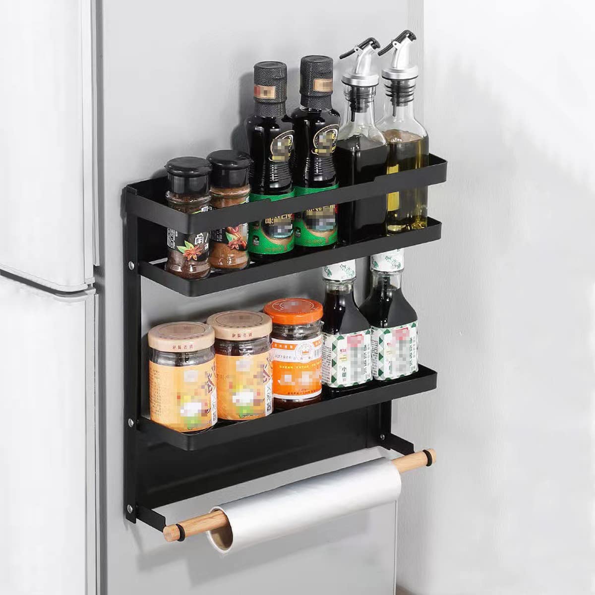 2-stöckiger magnetischer Gewürzständer - Wandmontierter Edelstahlorganizer mit Holzrollehalter zur Aufbewahrung in Küche und Restaurant