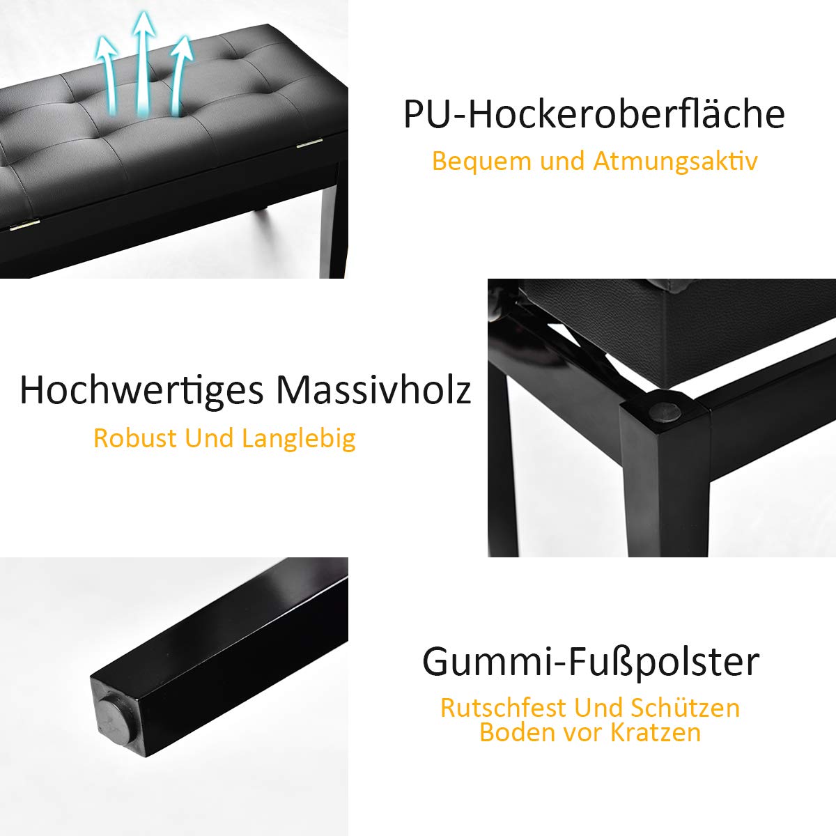 RELAX4LIFE Doppelte Klavierbank, höhenverstellbarer Klavierhocker für Konzertsaal & Zuhause & Musik Klassenzimmer, Keyboardbank mit Stauraum, Keyboardstuhl mit Kunstleder Kissen, Schminkhocker schwarz