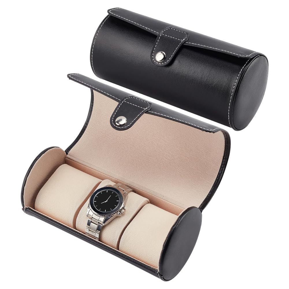 PH PandaHall PH PandaHall 3 ranuras de estuche de viaje para reloj para hombre mujer, rollos para relojes portátiles fundas de cuero PU columna funda para reloj de pulsera organizador funda de reloj, negro