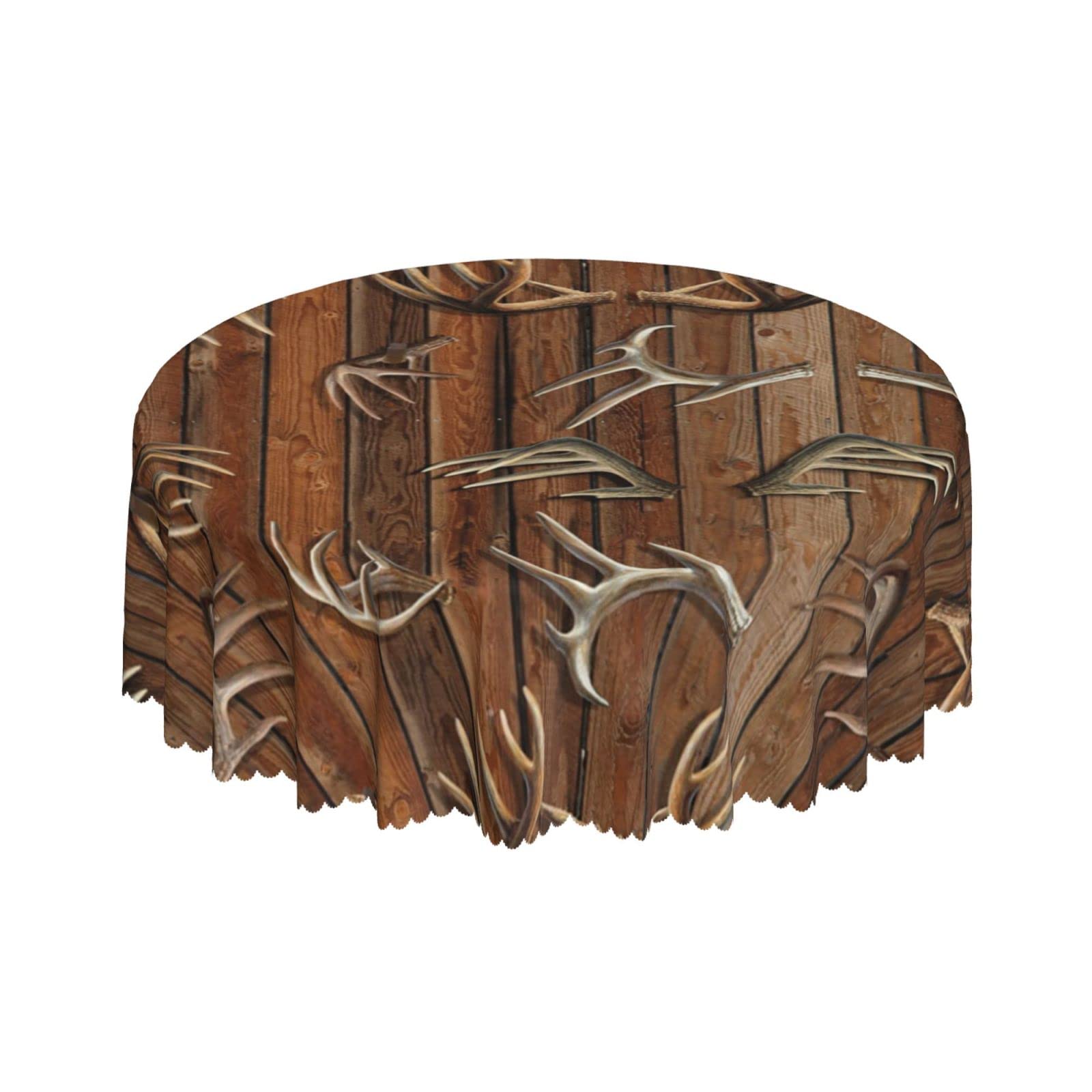 Lsjuee Antlers Wood Brown Deer Round Tablecloth 60 Inch Printed Washable Tablecloth for Dining Party Holiday Fall Home Decorative