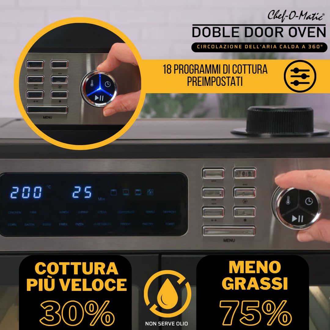 STARLYF Doble Door Oven 28L, Forno Friggitrice ad Aria XXL | Doppia Porta, 18 Programmi, 1700W, Grill, Girarrosto, Disidratatore e Display LCD | Forno Elettrico Multifunzione da Cucina