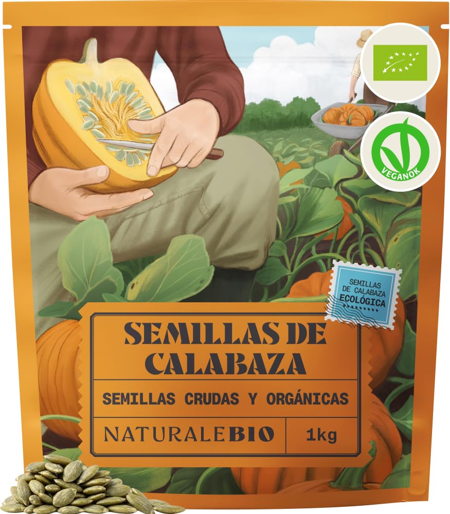 NaturaleBio Semillas de Calabaza 1kg | 100% Ecológicas Veganas Sin Gluten | Sin OGM Ricas en Nutrientes y Antioxidantes | Perfectas para Cocinar o Snack.