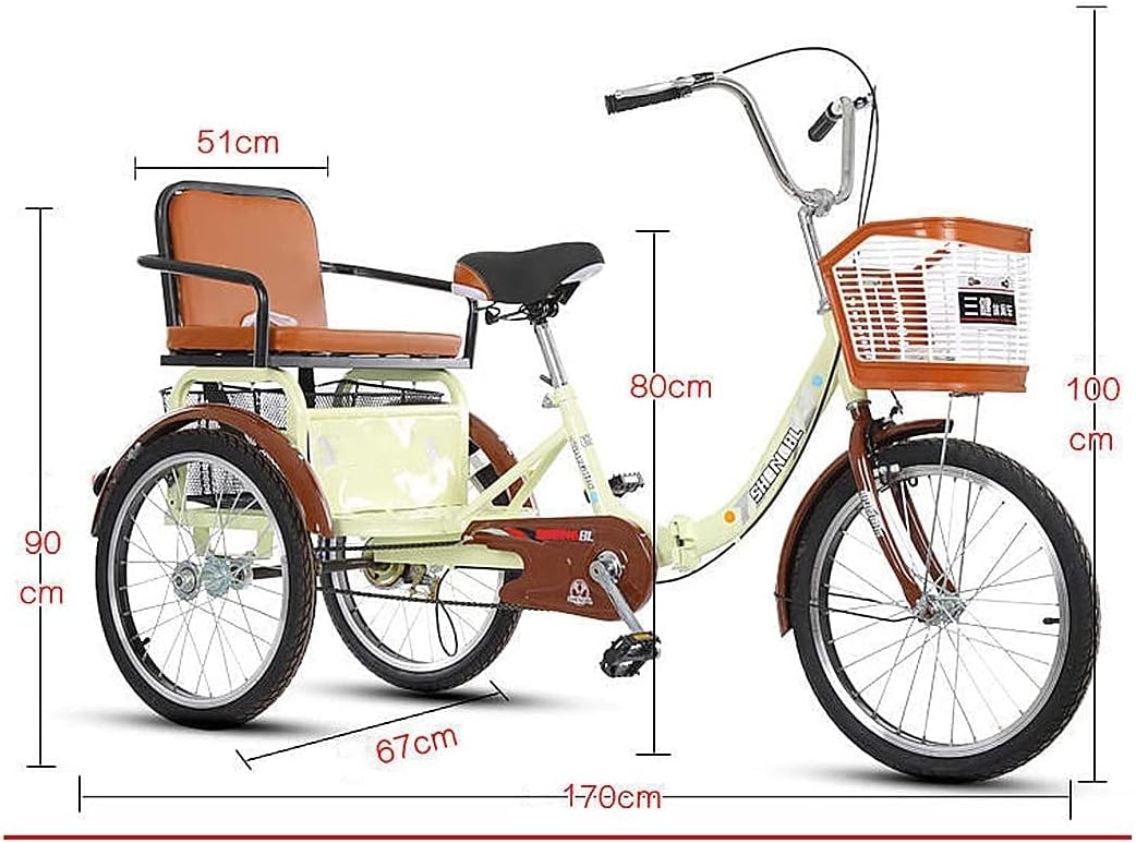 Adult Cargo Tricycles Beach Cruiser Bikes Shopping Safe Adult Tricycles with Shopping Basket and Back Seat 20inch 3 Wheel Bikes Single Speed Three-Wheeled Bicycles for Seniors City Bike