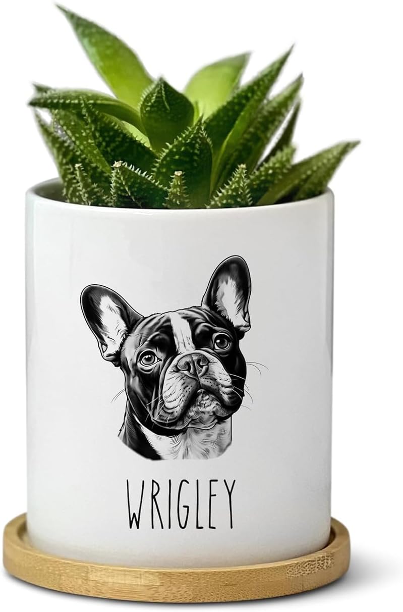 French Bulldog Dog Flower Pot - Personalized Pet Planter Gift for Mom Dad - Custom Doggy Name - Fur Mama Birthday Present - White Ceramic Plant Pot with Black and White Design (FB2)