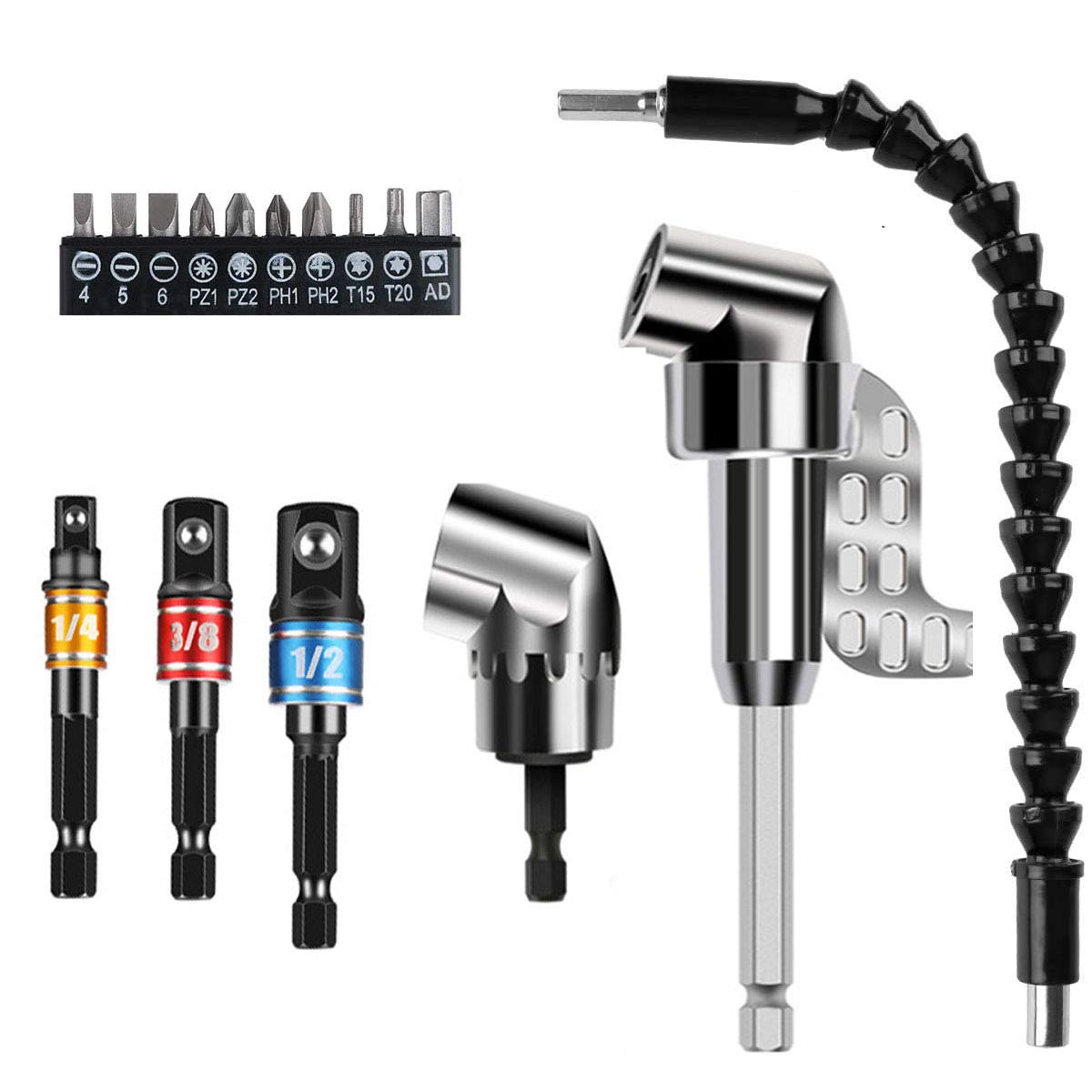 Moonmen Flexible Shaft Right Angle Drill Screwdriver Bits Drill Extension Set, 3pcs Impact Socket Adapter, 10pcs Screwdriver Bits Power Tool