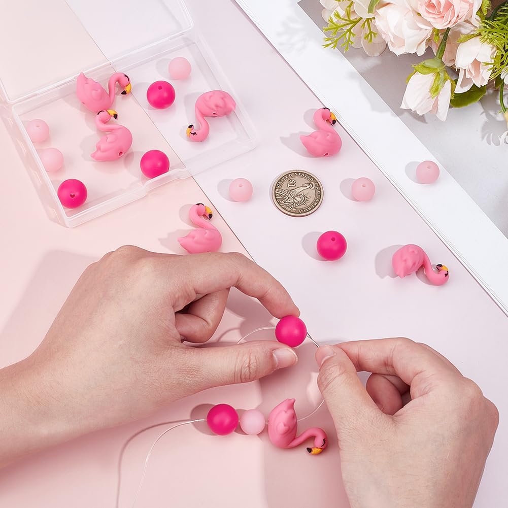 PH PandaHall 24pcs Flamingos Silicone Beads 12/15mm Pink Round Beads 3D Shaped Flamingo Focal Bead Cute Animal Bead for Beadable Pens Lanyards Bracelet Jewelry Making, Hole: 2-3mm - Image 3