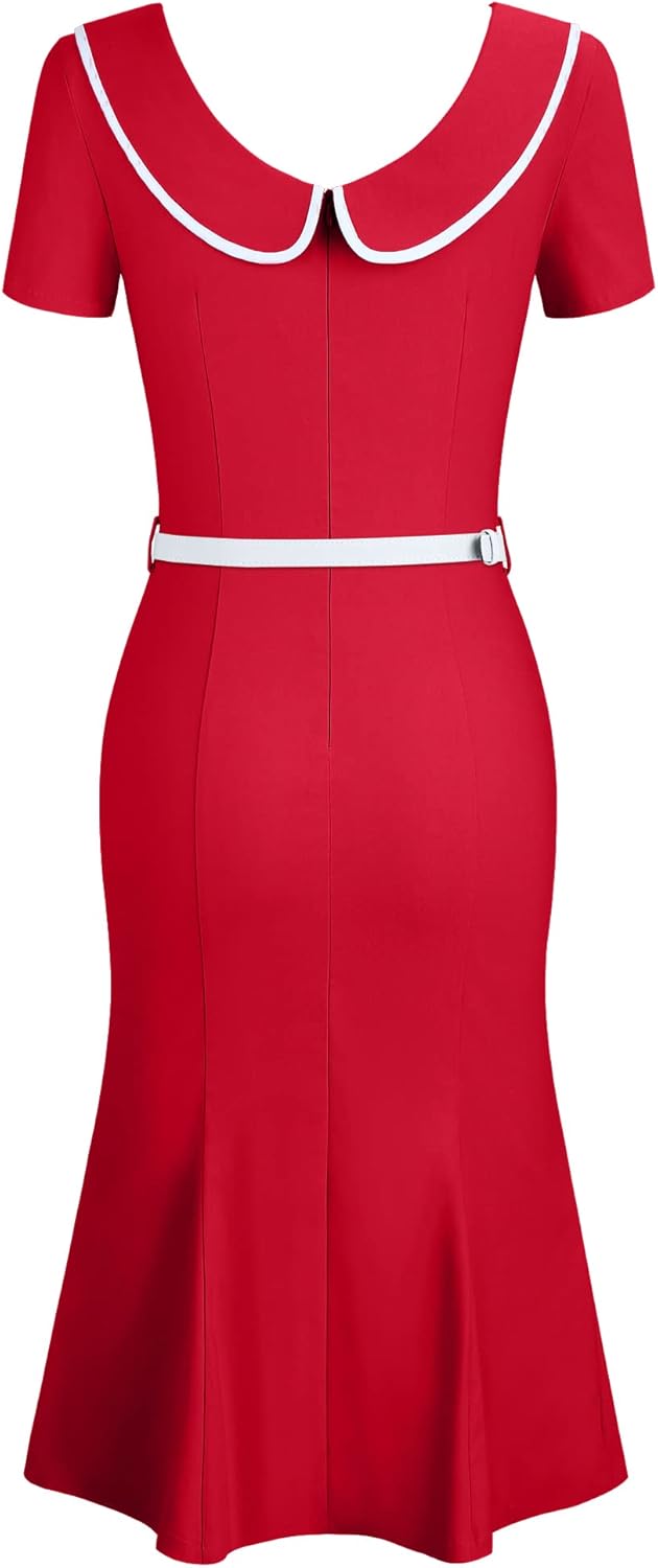 MUXXN Women's Retro 60s Sailor Collar Short Sleeve Pinup Cocktail Work Mermaid Dress with Belt - Image 4