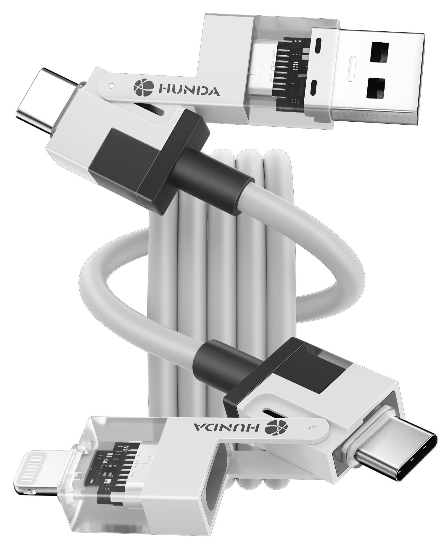 HUNDA 4 in 1 USB C to C Fast Charging Cable, Silicone USB C to Lightning Cable 100W Dual Type C Cable Combo Lightning/Type C/USB A Ports for iPhone 15