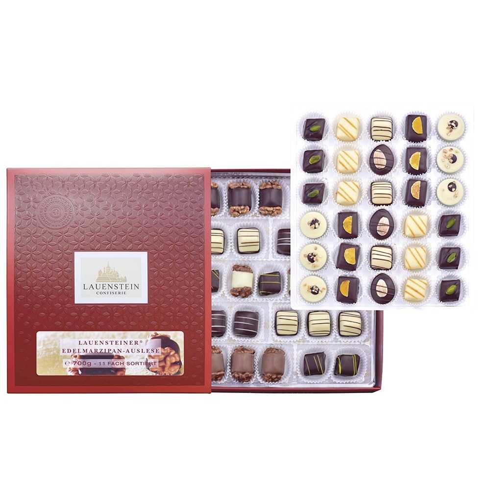 Lauensteiner Marzipan Pralinen Auslese | 56 handgefertigte Trüffel und Pralinen mit Alkohol 700g, 11-fach sortiert | Schokoladengeschenk für Marzipan-Liebhaber | Geschenk für Frauen, Männer, Oma, Opa