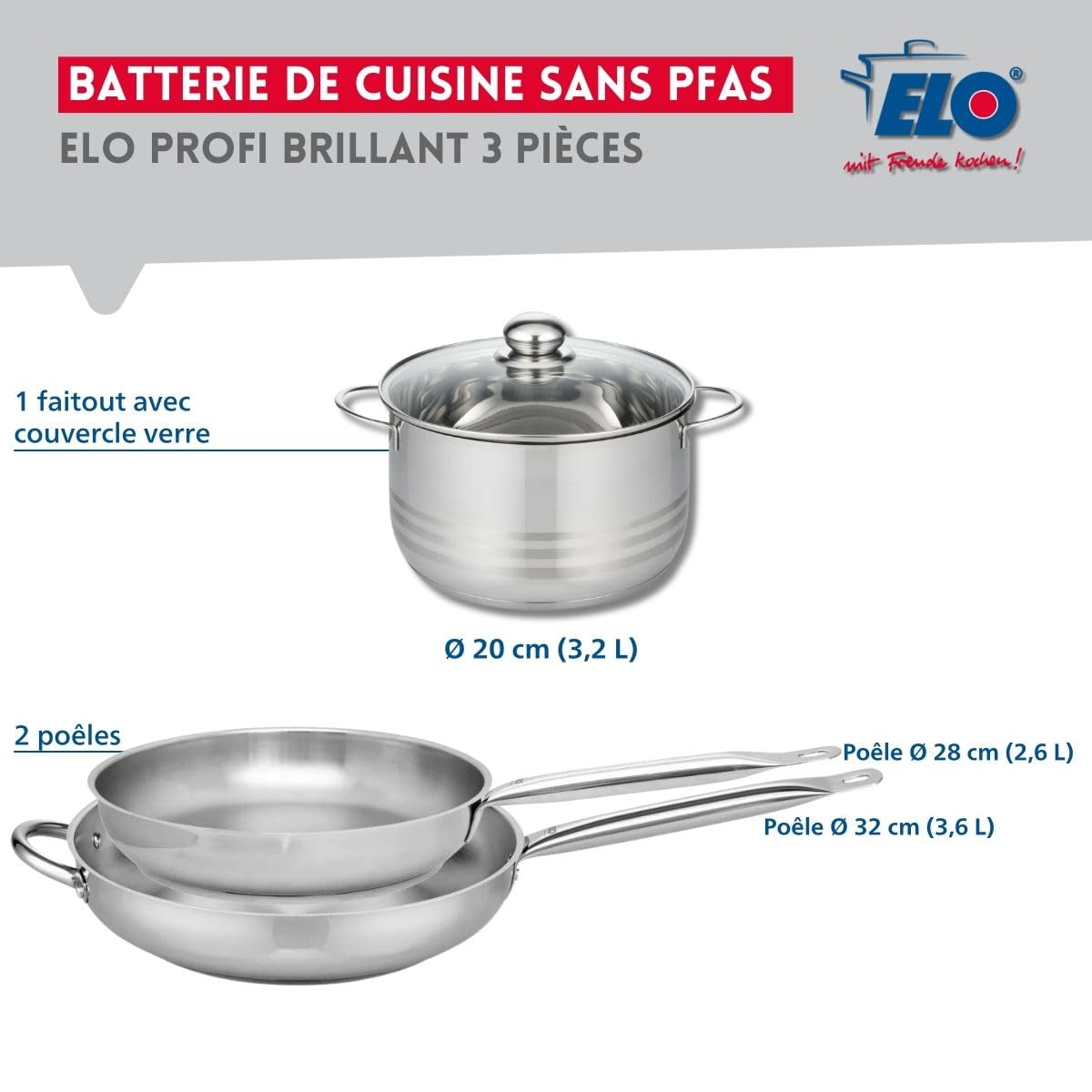 Elo Batterie cuisine 2 poêles 28/32 cm et faitout 20 cm