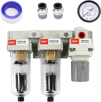 RIH Pneumatics 1/4 NPT Auto Drain Compressed Air Double Filter & Regulator, Air Compressor Water Separator, Auto Drain, Poly Bowl,0-150 psi Gauge, 5 Micron Brass Element AC2110-02D1/4 NPT