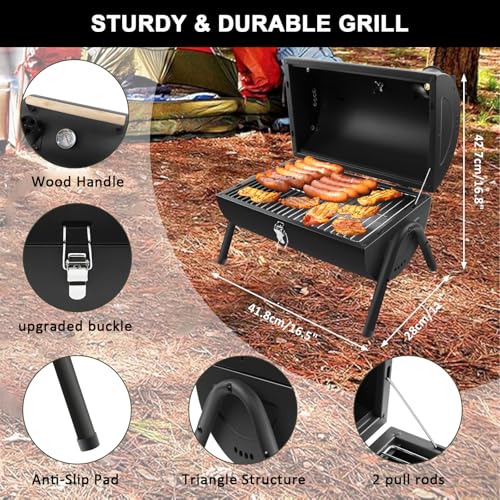 kisidus Holzkohlegrill Klappgrill Tragbarer, Campinggrill Doppel Grillfläche 33.7 x 21.5 cm, Leichter Tischgrill für Outdoor Picknick Camping,Schwarz