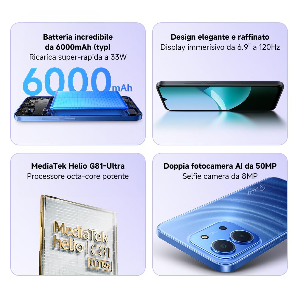 Xiaomi Redmi 15C, Smartphone 4+128GB, Display 6,9" 120Hz, 7,99mm, MediaTek Helio G81-Ultra, Dual camera da 50MP, Mega batteria da 6000mAh, Garanzia 2 anni, Nero, Caricabatterie non incluso