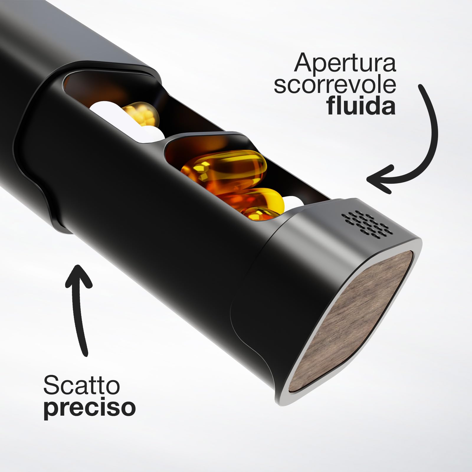 Pill Organizer Portapillole Settimanale in Alluminio Premium, 100 Metallo | Base in Legno, Grande Capacità e Design Elegante, Materiali Resistenti, Perfetto per Viaggio, Senza Plastica - Nero Completo