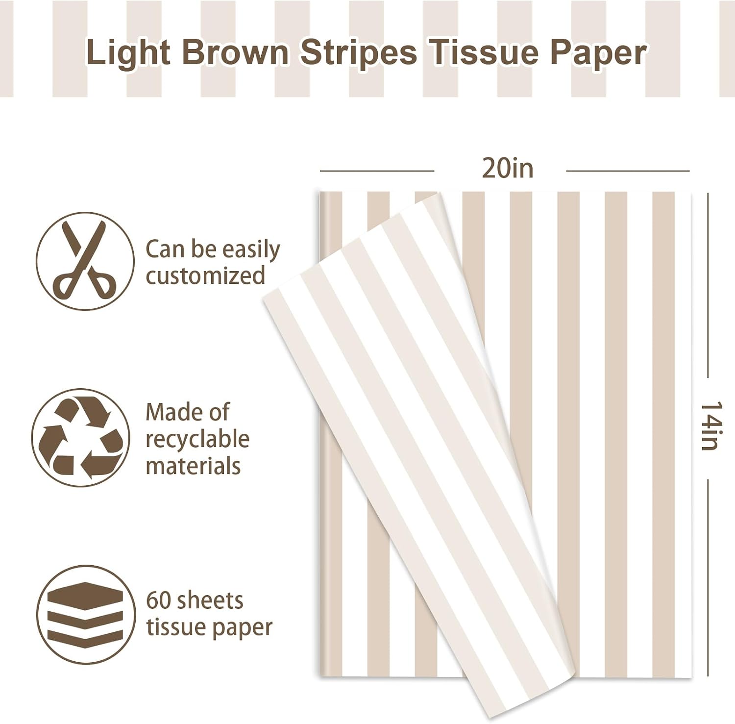 JarThenaAMCS 60 Sheets Stripe Tissue Paper Light Brown White Stripe Gift Wrapping Tissue Decorative Art Paper for Birthday Baby Shower Wedding Party DIY Crafts Supplies, 14 x 20 Inch