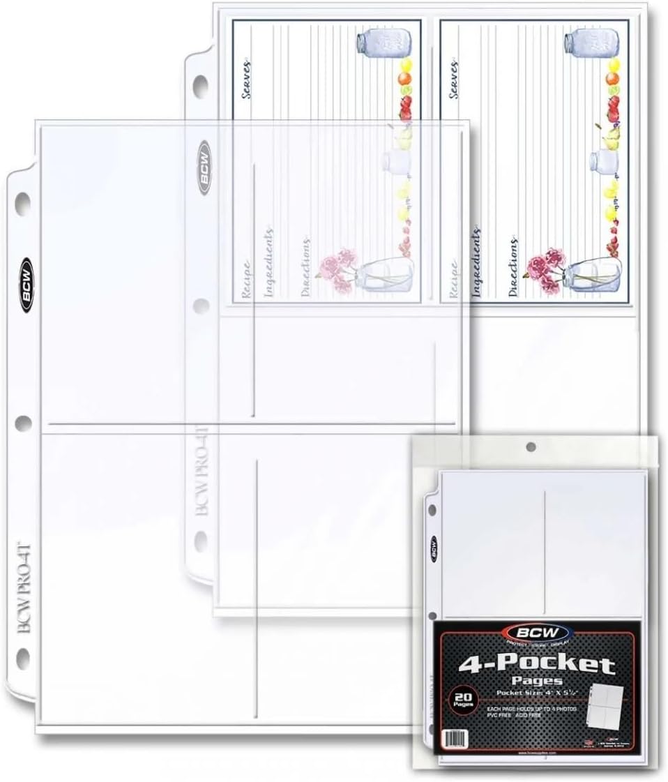 BCW Pro 4-Pocket Photo Protector Sleeves | 20 Count | Photos Sleeves, Cards | Acid-Free, PVC-Free | Archival Quality, Photo Album Pages Protector for 3 Ring Binder | High Clarity Polypropylene