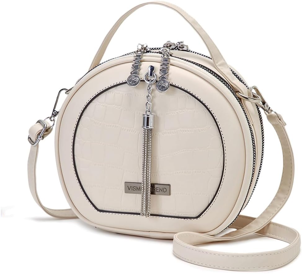 VISMIINTREND Stylish Vegan Leather Round Sling Bag for Women and Girls with Tassel and Removable Belt | Handbag | Crossbody | Satchel | Trendy | Ladies Purse | Side | Shoulder | Gift for Women, White,