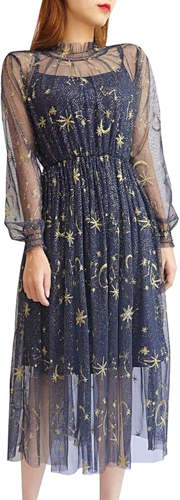 Vista 4 de Women Summer Chiffon Dress Stars Moon Print Embroidered Skirt Long Puff Sleeve Princess Dress