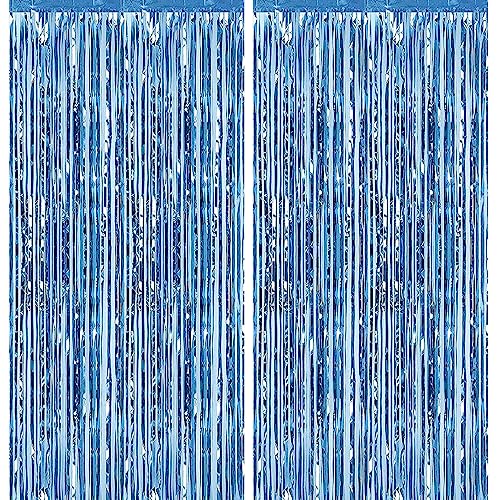 Image of 2 Pack 3.28 ft x 6.56 ft Light Blue Tinsel Curtain Party Backdrop - Metallic Foil Fringe Backdrop Door for Halloween, Christmas, Birthday Graduation Wedding Party Streamers Photo Backdrop.