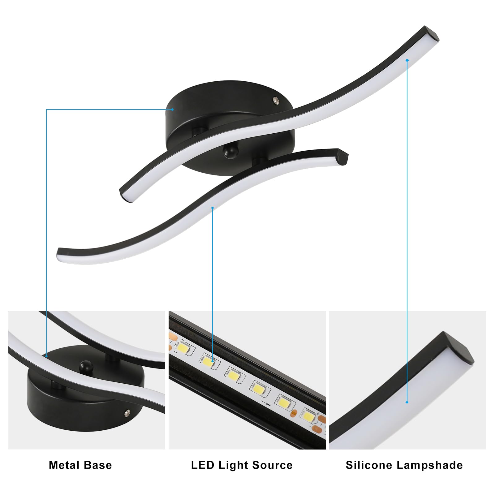 Goeco Modern LED Ceiling Light, 12W 1300LM Black Ceiling Lamp with 2 LED Stripes - Image 3