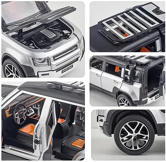 Image of The Flyers Bay Land Rover Defender RC Car, 1:22 Scale,Die-Cast Model with Openable Doors, Lights and Smoke Effects, Toy for Kids 3-10 Years (Silver)