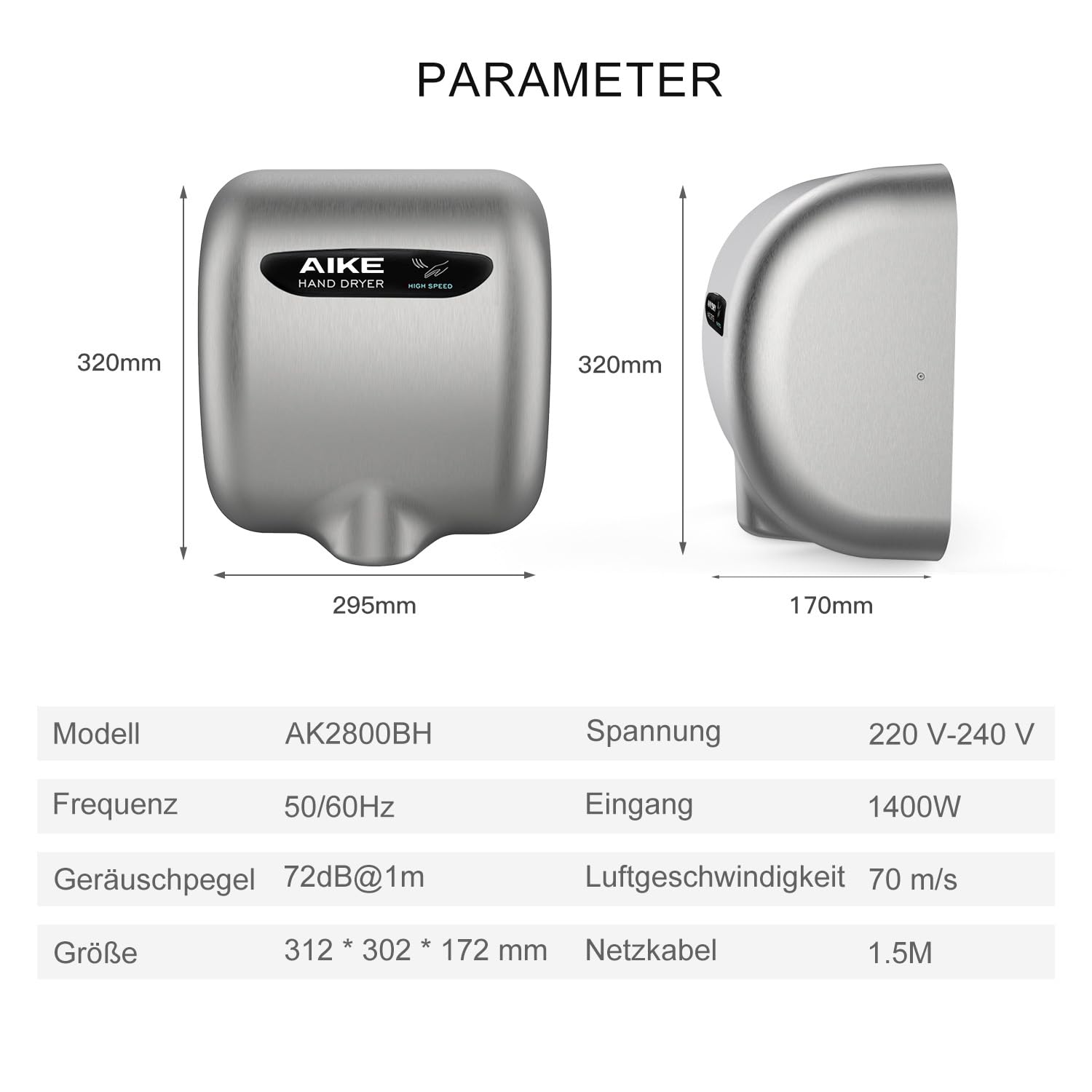 AIKE Elephant Power Händetrockner Mit HEPA-Filter, Gewerblich Hochgeschwindigkeit, Auto Warmluft, Edelstahlgehäuse AC220V-240V, AK2800BH