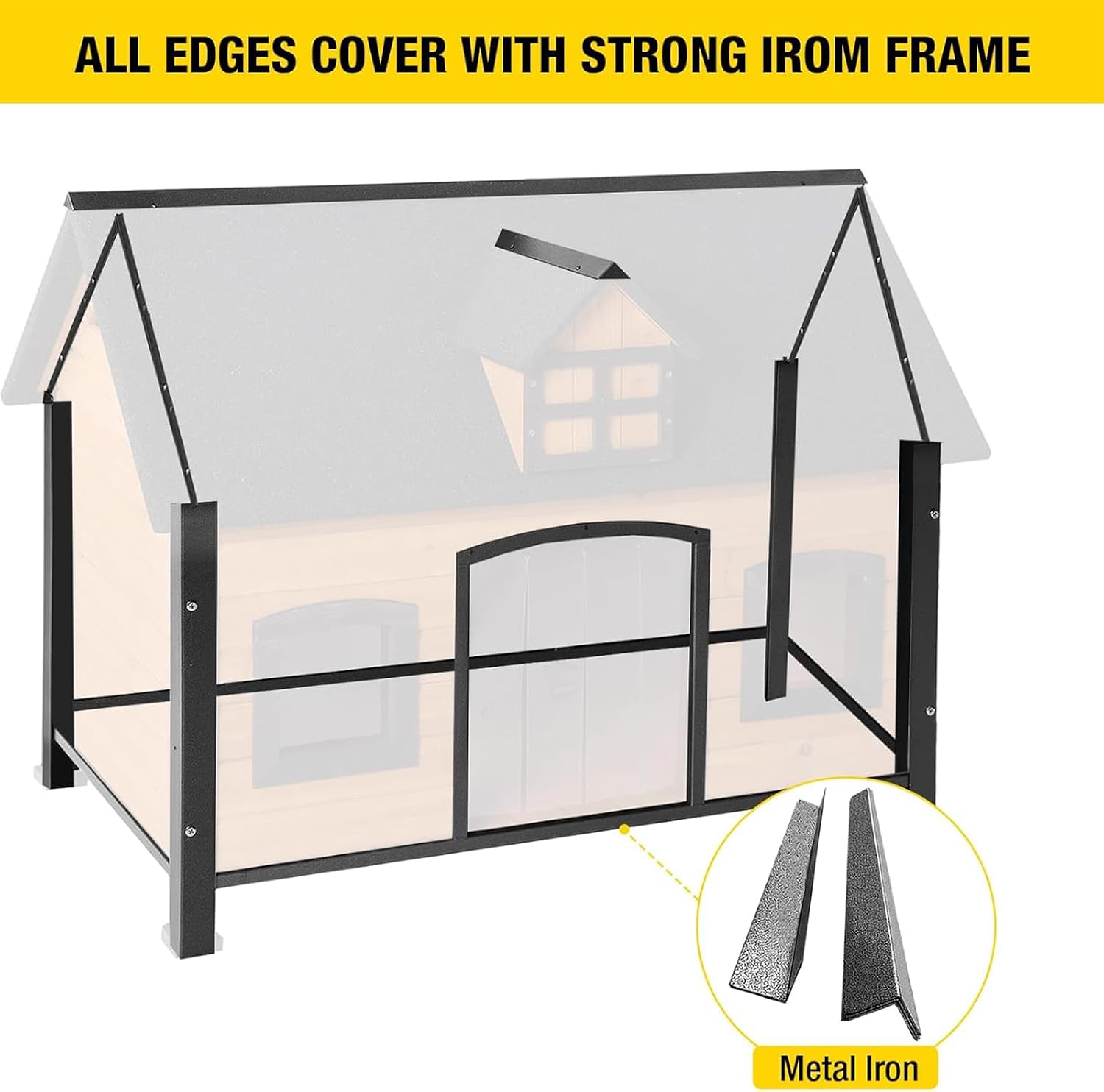Heated Dog House with Insulated Liner Anti-Chewing Metal Frame Design Insulated Wooden Dog Kennel with Unique Design Roof, Weatherproof Dog House for Outdoor Indoor