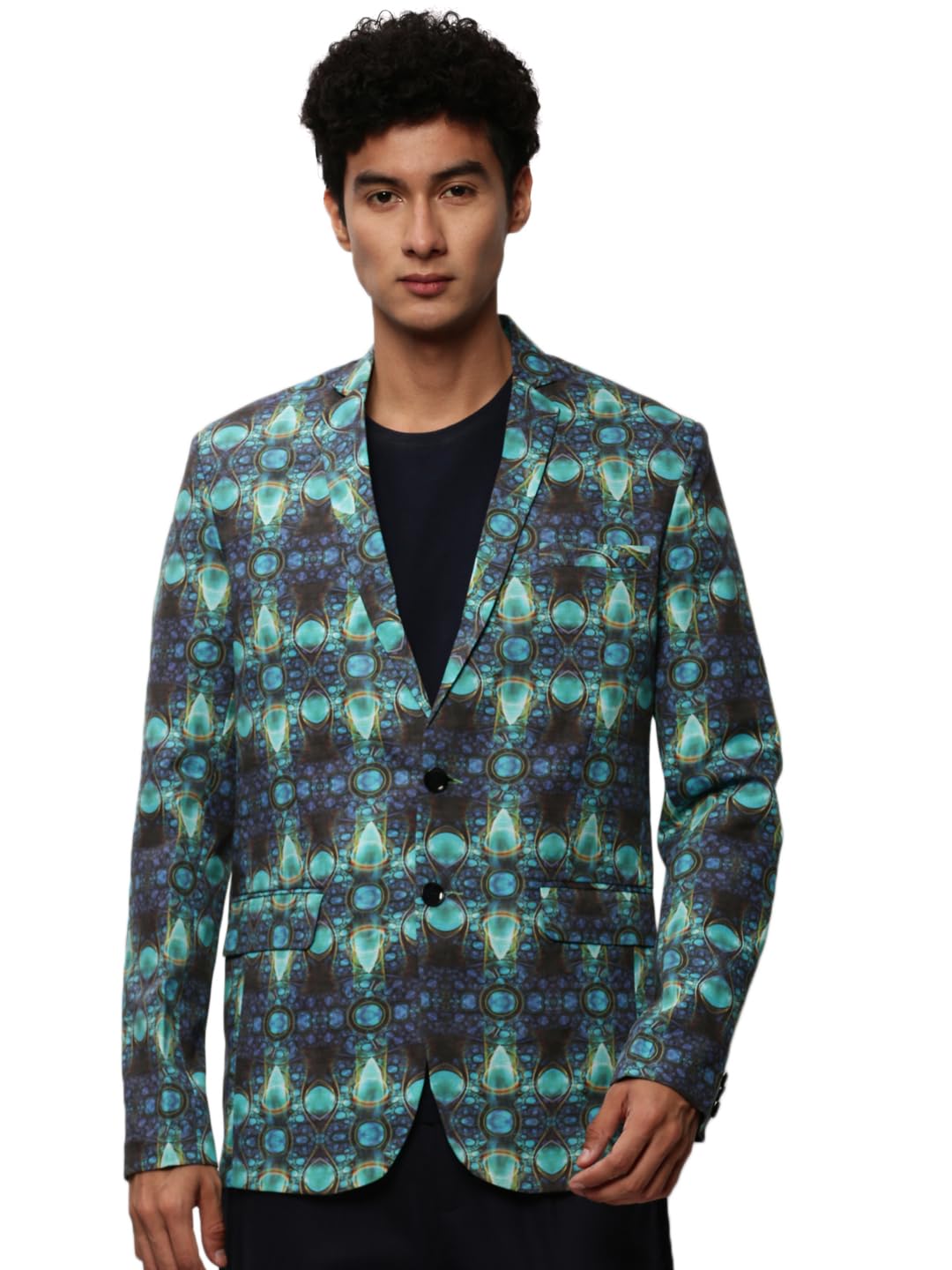 showoffff Men's Notched Lapel Printed Turquoise Blue Single-Breasted Blazer-SOBLZ-082-1_TurquoiseBlue-picture-30