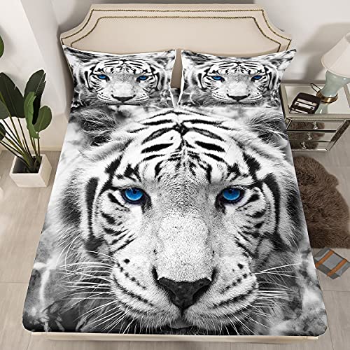 White Tiger Fitted Sheet & Pillow Case Set Queen Size 3D Animal Print For Kids Boys Teens Bedding Sets 3 Pieces Chic Design Grey Tiger Bed Sheets Wild Safari Theme Room Decor #TOP2