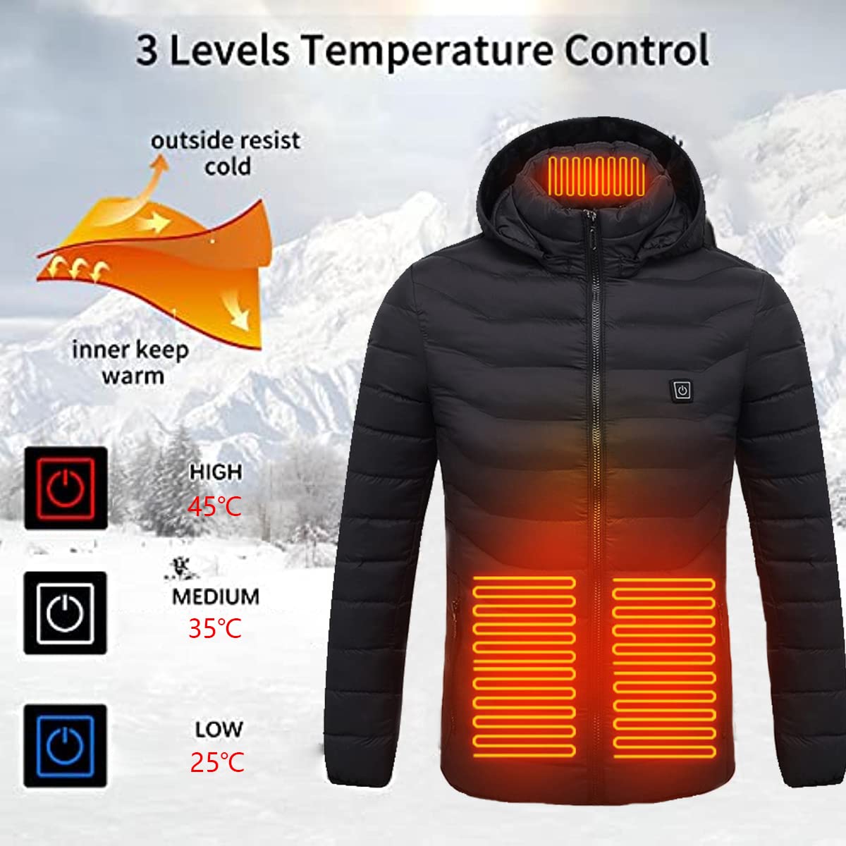 scosao Heated Jacket Rechargeable Heated Coat 8 Heat Zones for Women and Men with Detachable Hood Winter Outdoor Warm Jackets