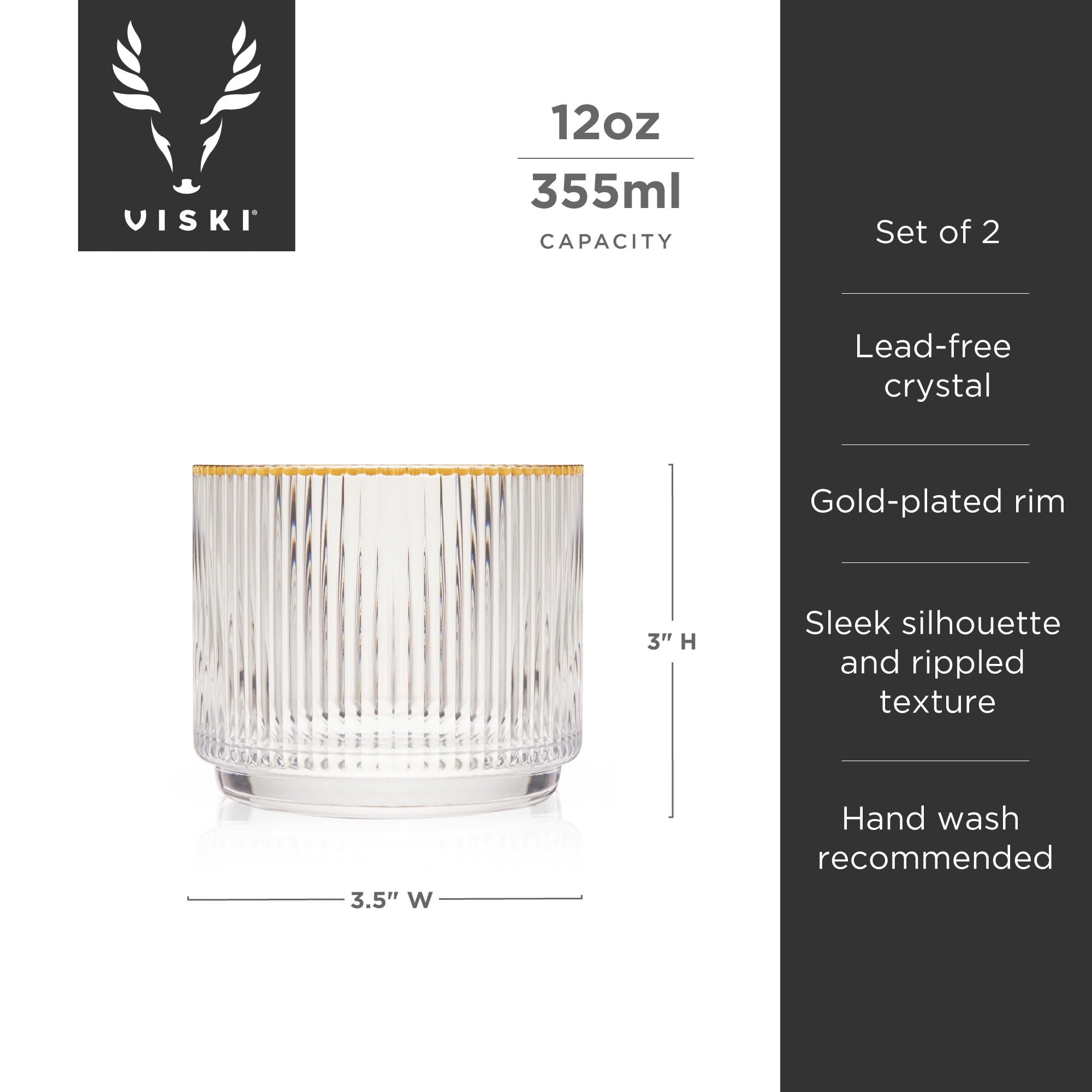 Viski Meridian Lot de 2 verres Lowball en cristal, verres à whisky Art déco, verres à scotch en cristal, verres à l'ancienne, verres côtelés, 355 ml