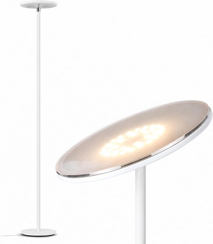 Brightech Sky Flux Lámpara de pie LED regulable - Lámpara de pie súper brillante con 3 modos de luz para sala de estar, oficina - Lámpara táctil de pie Torchiere, lámpara de antorcha alta para dormitorio y lectura - Blanco