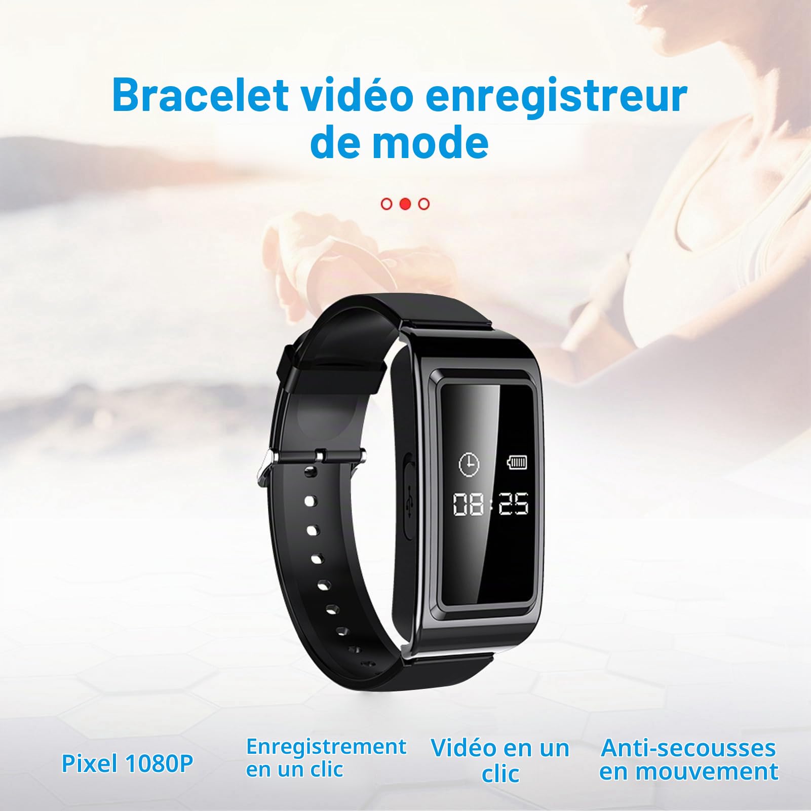 Bracelet pour Caméra Espion, Réduction du Bruit, Enregistreur Numérique activé par la Voix, Dispositif D'enregistrement du Son HD, Bracelet Enregistreur Vidéo Résistant à la (64G)
