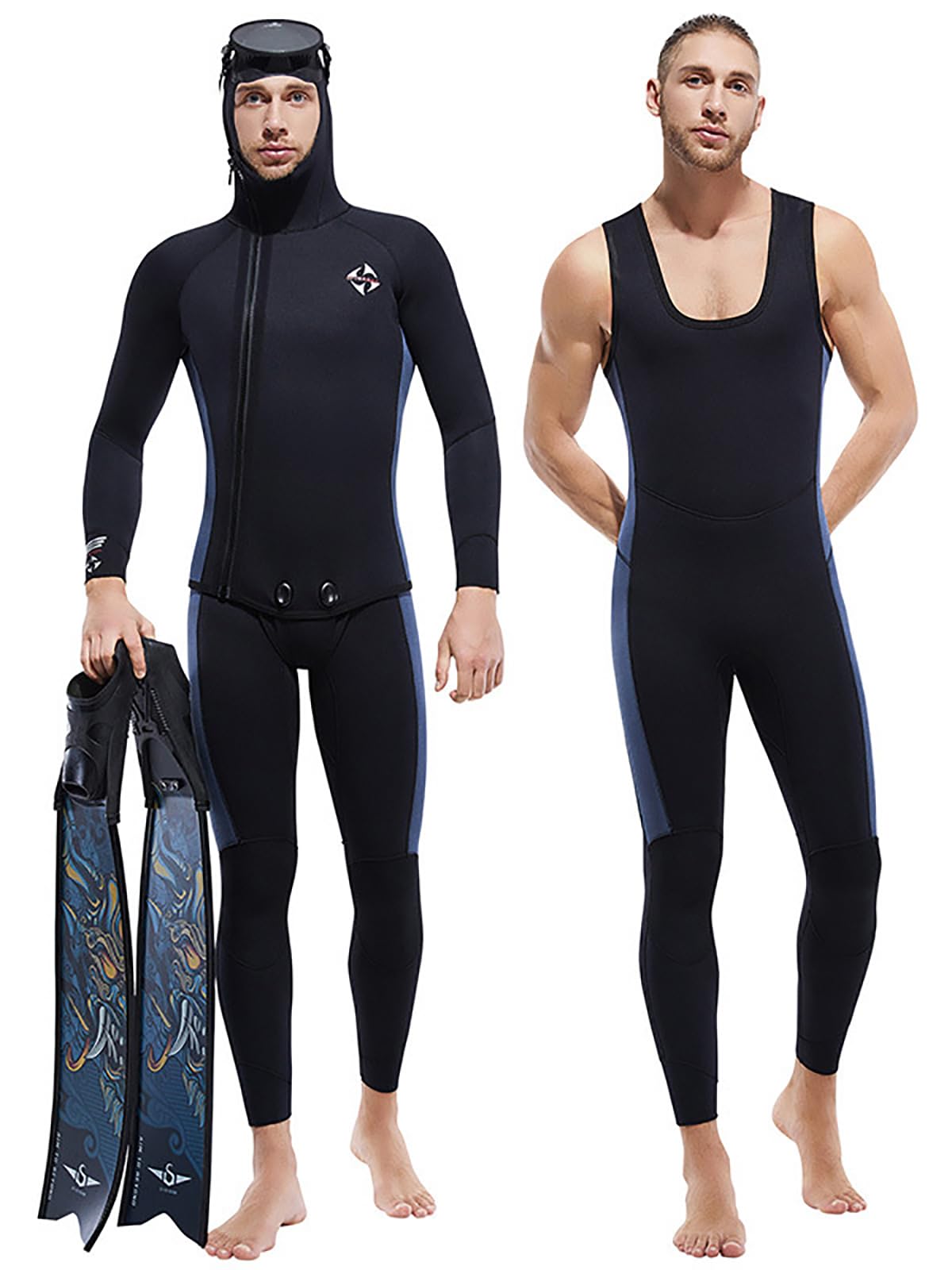 WYYHAA 5MM Neoprene Spearfishing Wetsuit for Men – 2-Piece Front Zipper Diving Suit with Fleece Lining, Hooded and Bib Pants – Glued Blind Stitched, Smooth Skin Cuffs, Black,XL