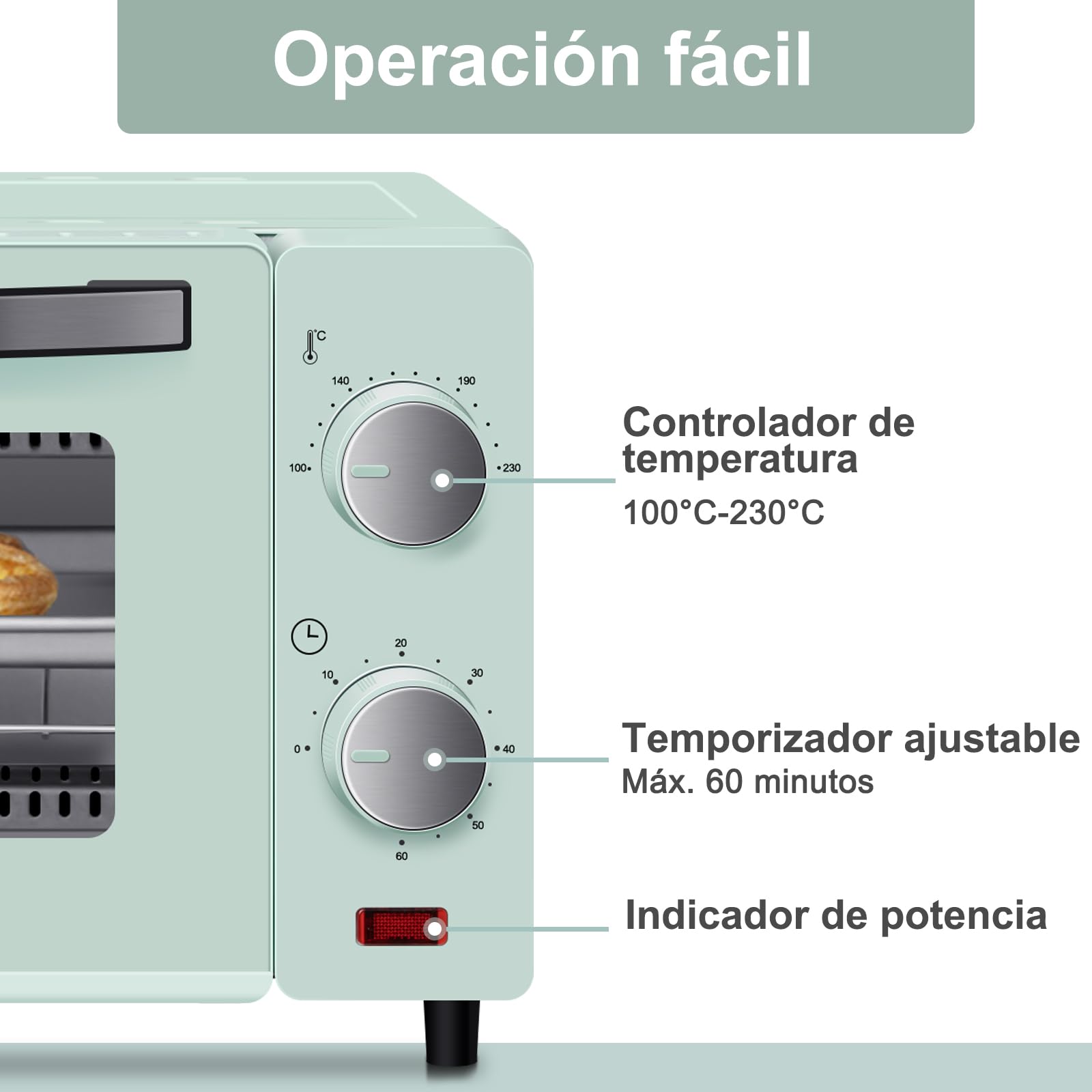 WANNYTON Mini Horno de Sobremesa 10L, 650W, Horno Electrico Tostador con Temporizador Regulable a 60 Min, Temperatura 100-230℃, con Bandeja, Parrilla y Pinzas