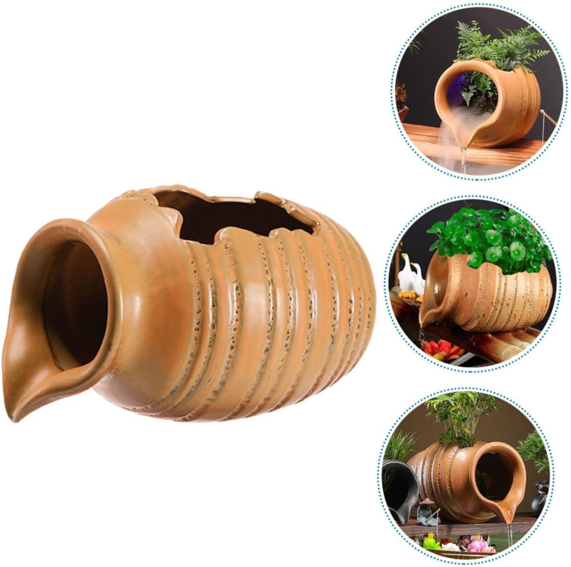 Ceramic Waterfall Jar for Hydroponic Planters Decorative Fountain for Balcony Garden Small Brown Open-top Design Unique Water Flowing Feature for Indoor Outdoor Use