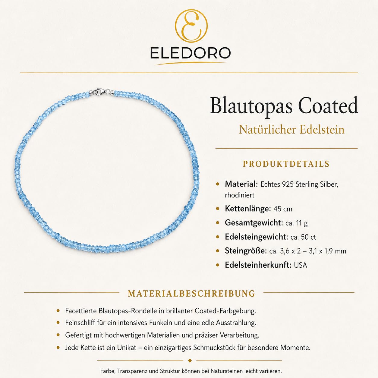 Blautopas Halskette - Collier mit echtem Blautopas, coated, 925 Sterling Silber, Karabiner, 45 cm