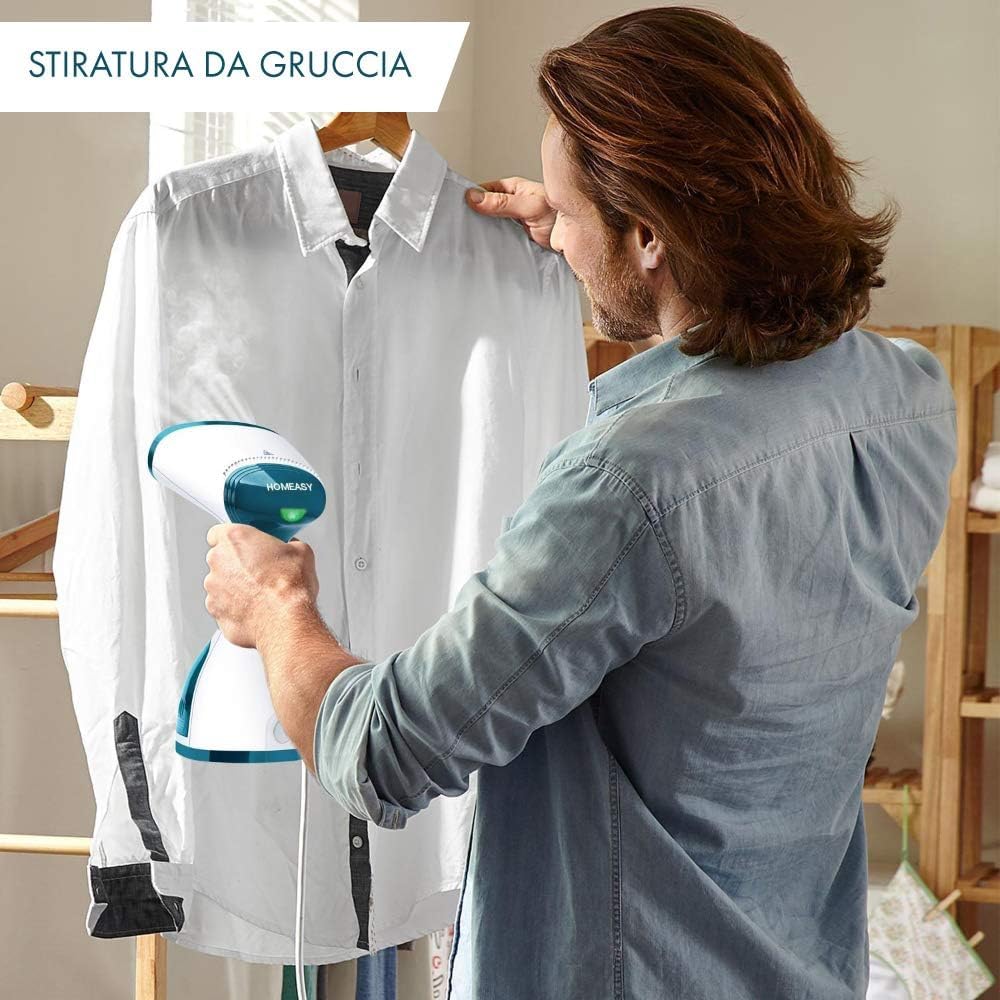 Stiratrice a Vapore Portatile Verticale 1200W, Ferro da Stiro da Viaggio e Ufficio, Serbatoio 260ml, Flusso Vapore Costante, Igienizza e Rinfresca i Tessuti - Turchese