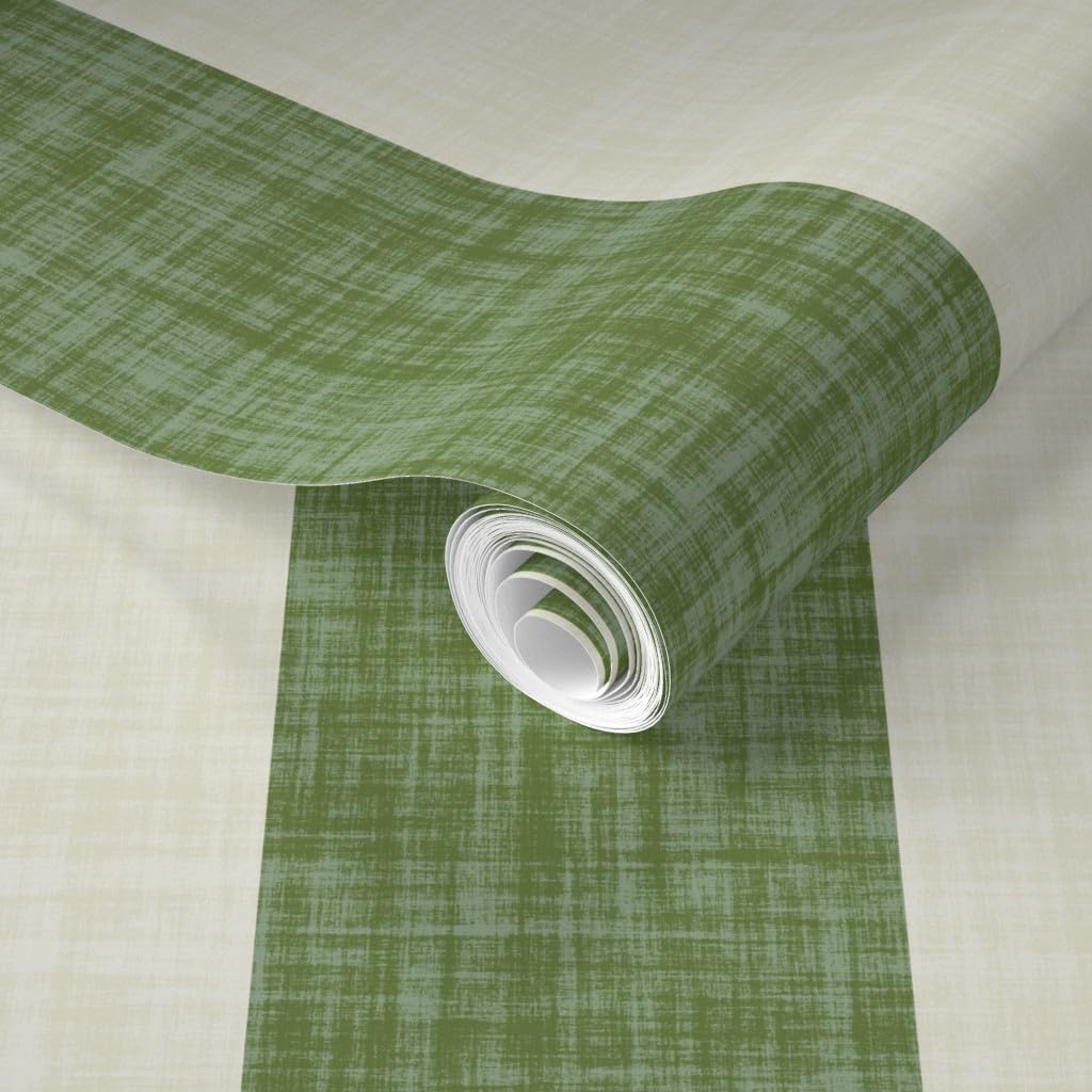 Spoonflower Removable Wallpaper Swatch - Preppy Traditional Grandmillennial Stripe Wide Green Beige Linen Look Faux Texture Bold Minimalism Custom Pre-Pasted Wallpaper