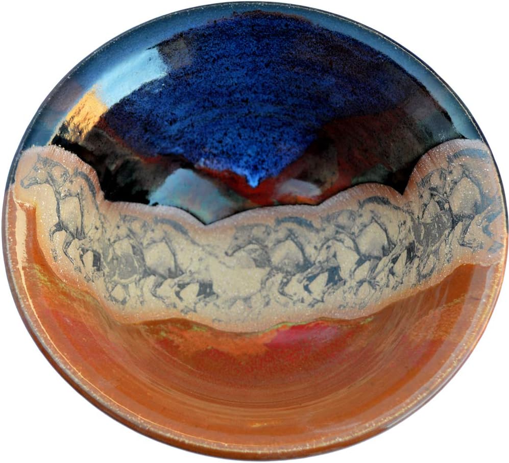 ALWAYS AZUL POTTERY 14 Inch Large Serving Bowl in Wild Horses design and Azulscape Glaze - Handmade Ceramic Pottery Bowl - Handcrafted Polished Stoneware - Unique & Stylish Glazed Bowl
