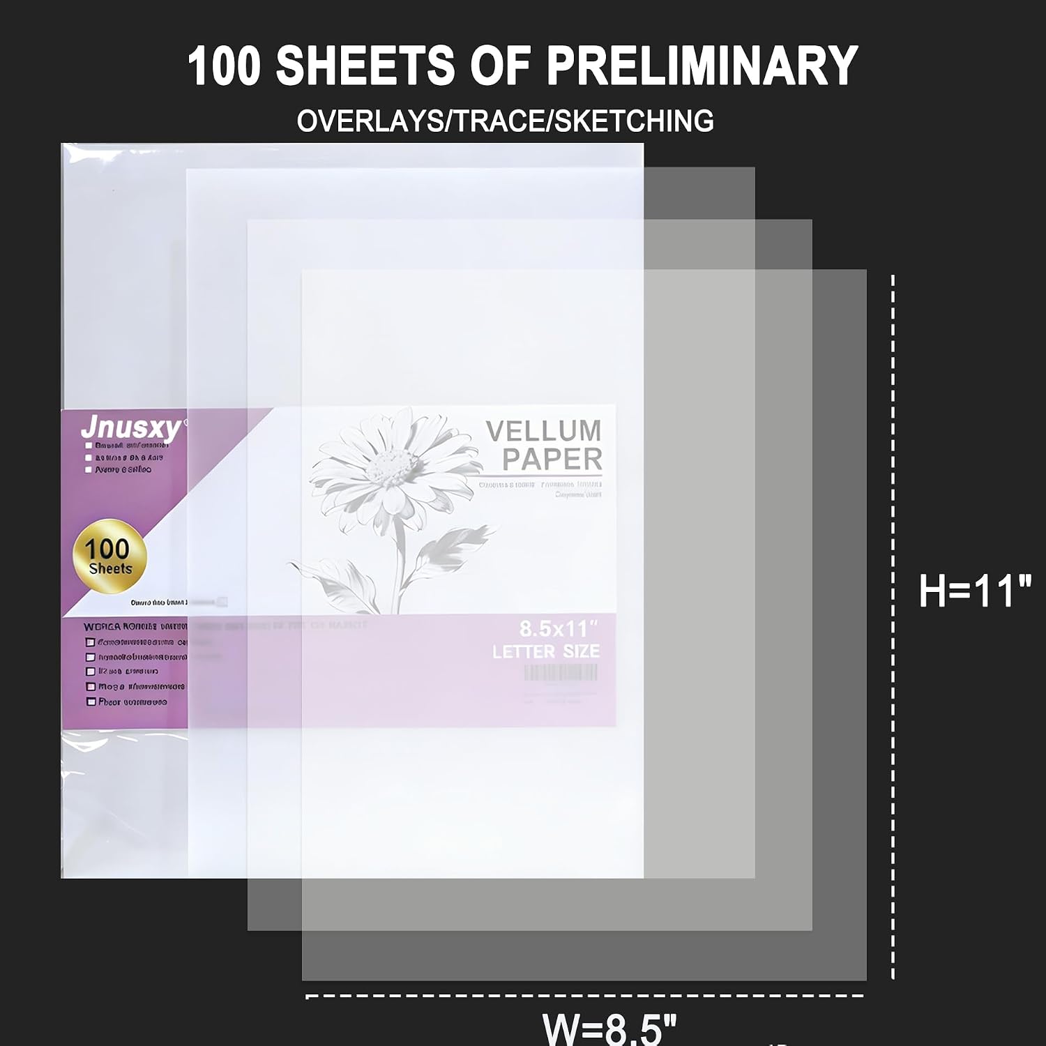 Tracing Paper 8.5x11 inch, 100 Sheets Transparent Vellum Paper for Tracing Pads, 32lb/50gsm Translucent Tracing Paper for Pencil, Marker and Ink，Trace Images, Sketch, Preliminary Drawing, Overlays.