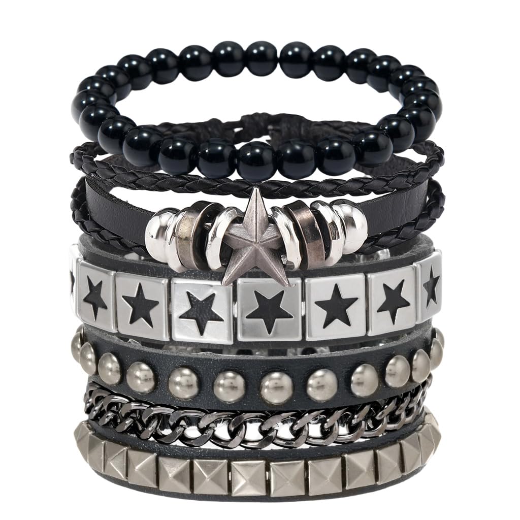 4Pcs Bracelet for Man Black Punk Rock Leather Bracelets Pop Stars Beads Braided Rope Hand Chains Retro Spiked Adjustable Wrap Wrist Bracelet for Men-image-35