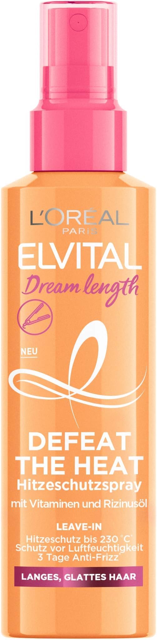 L'Oréal Paris Elvital Heat Protection Spray for Long, Smooth Hair, Leave-In Hair Treatment Against Frizz, Without Rinse, With Vitamins and Castor Oil, Dream Length Defeat The Heat, 1 x 150 ml