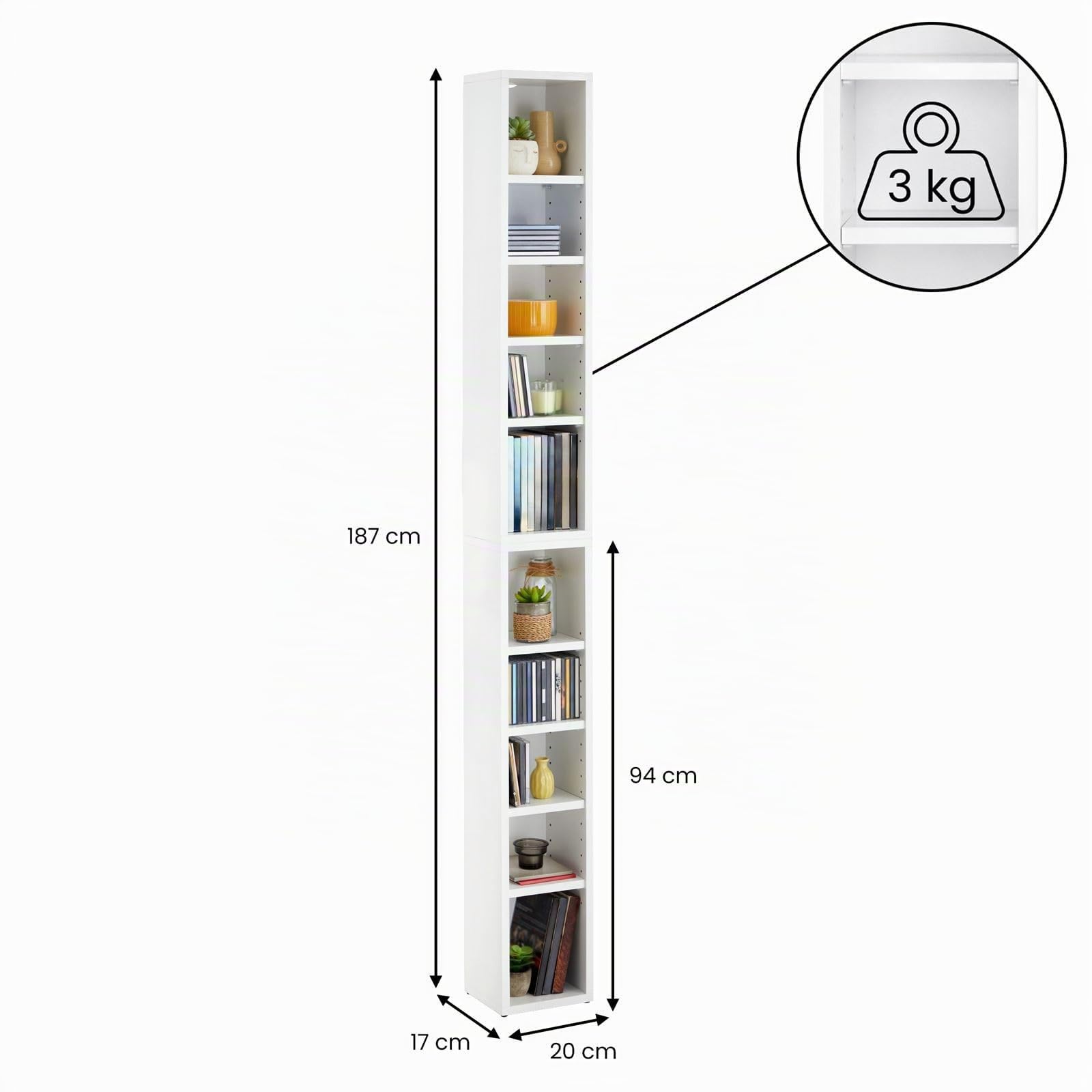 Soporte para CD y DVD, en color blanco, con 10 compartimentos para hasta 160 CD, 20 x 186,5 cm