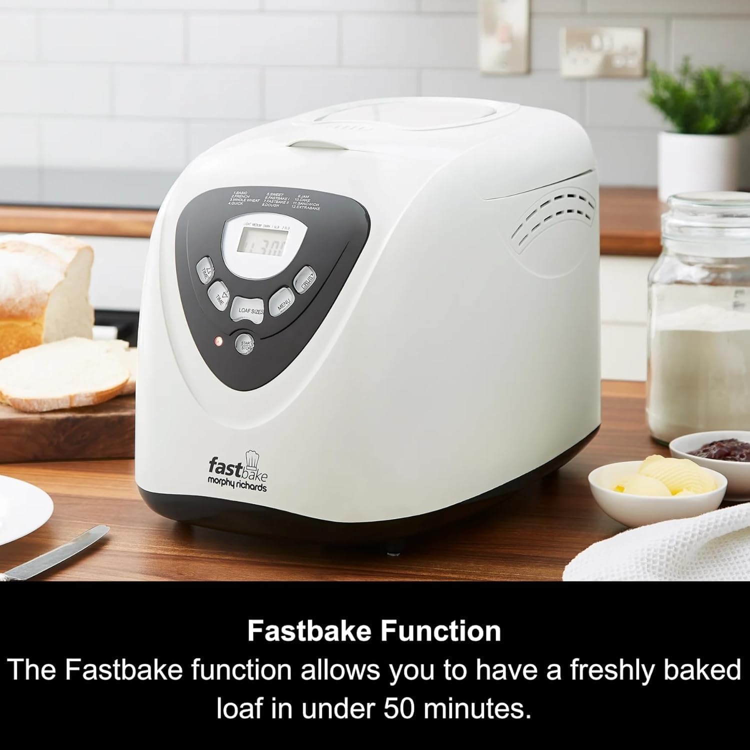 Morphy Richards Fastbake Breadmaker, 12 Programmes, 1.5lb, 2lb Loaf Sizes, 13 Hour Delay Timer, Keep Warm, White, 48281