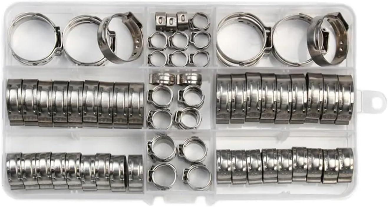 45pcs Single Ear Stepless Hose Clamps 5.8-23.5mm 304 Stainless Steel Hose Clamps Cinch Pliers Rings Metal Clips(80pcs with Box)